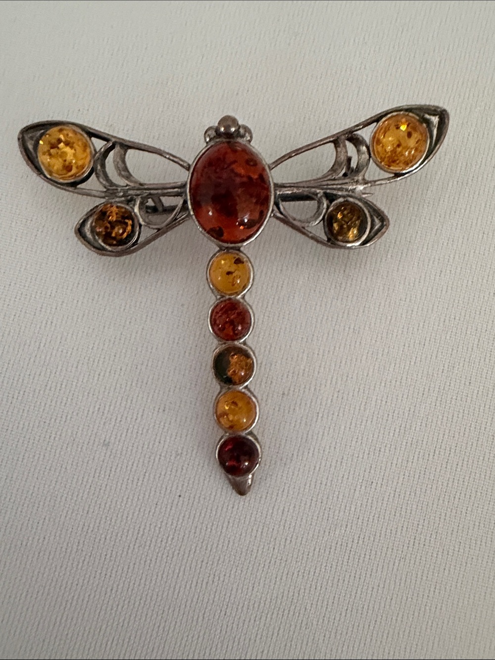 Hand-crafted Amber Dragonfly Silver Tone Brooch